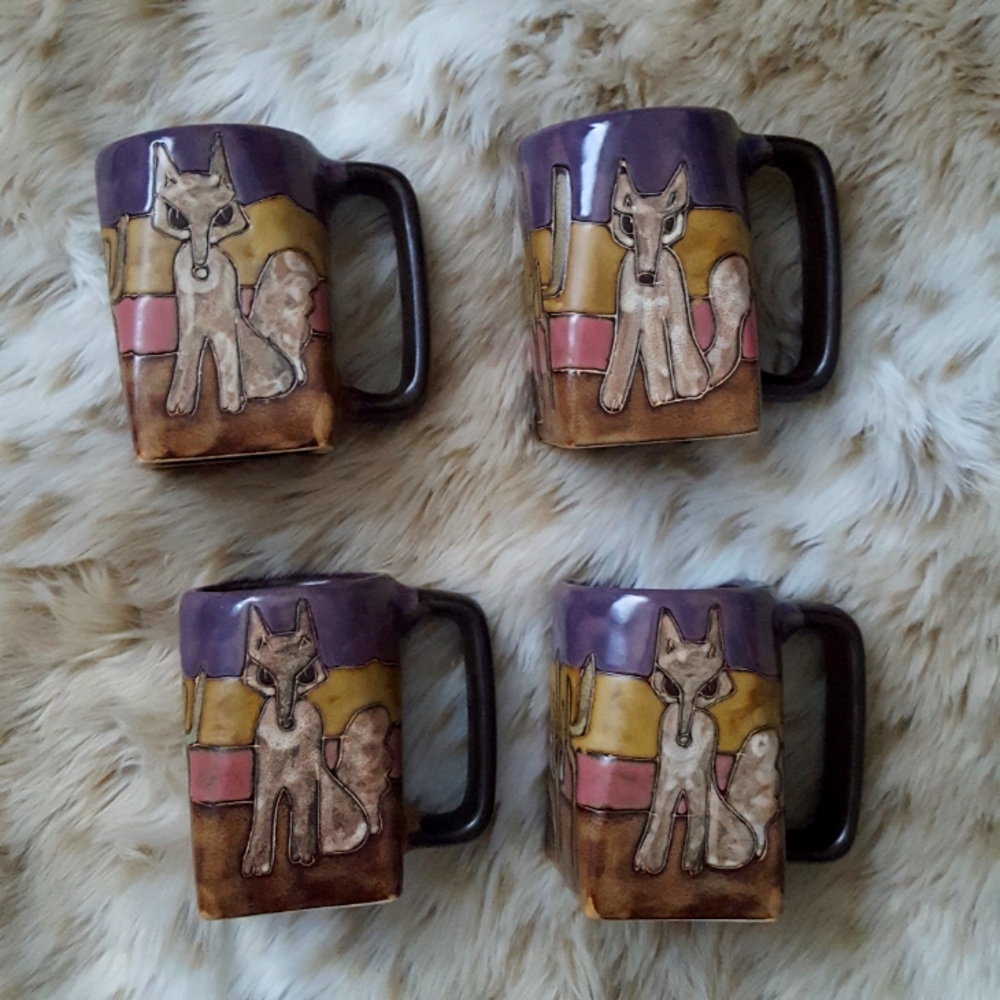 🌙4 Handcrafted MARA MEXICO Stoneware Desert Scene Mugs